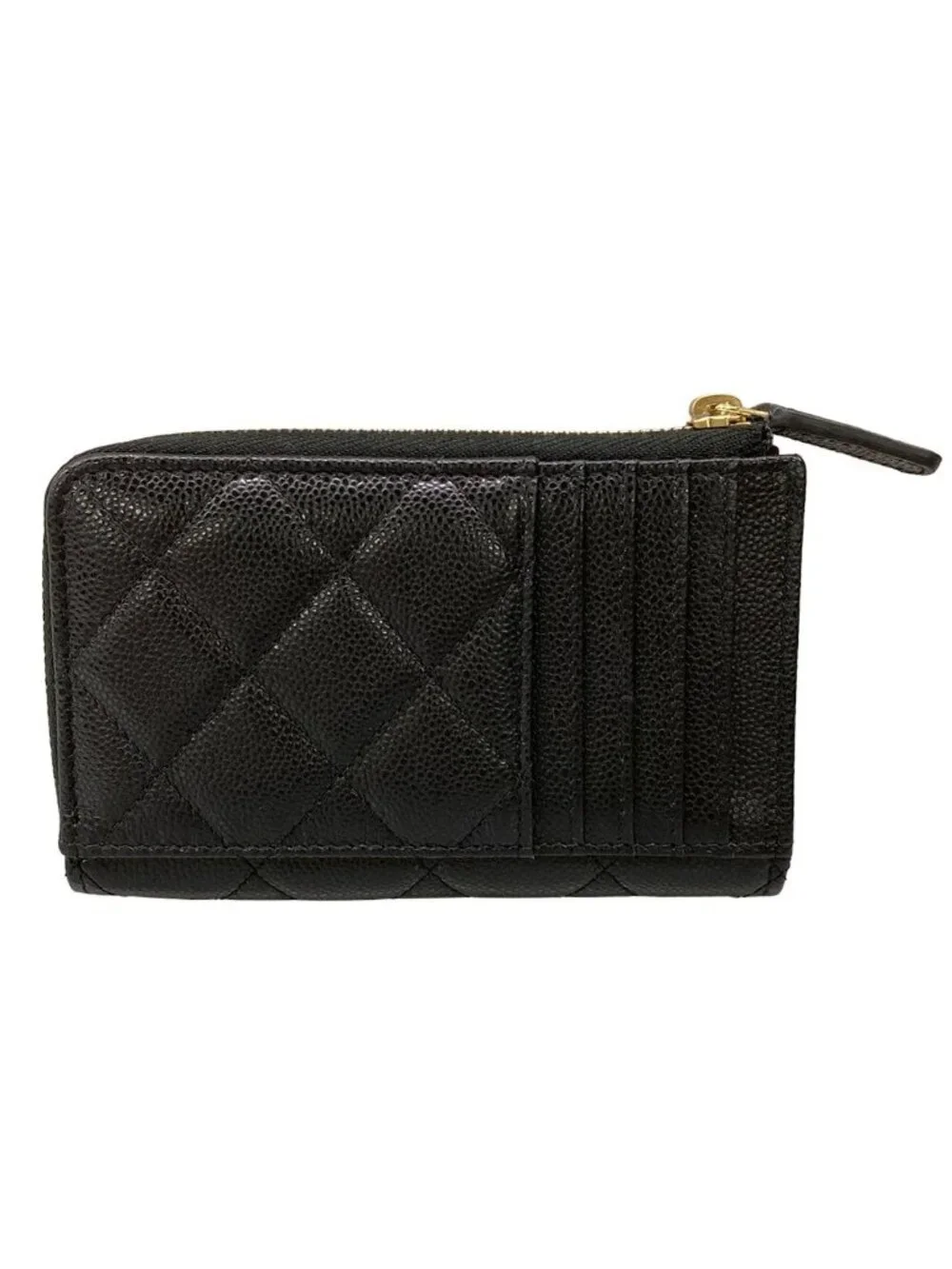 Chanel Coin Purse Classic Zip Card Case Quilted Black Gold CC Logo L-shaped